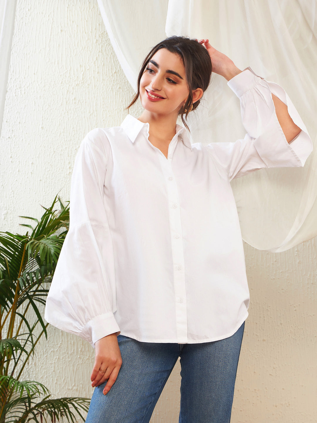 Women's Women White Poplin Lantern Sleeves Shirt in Cotton by Sassafras for wholesale, bulk, supplier, manufacturer and wholesaler buyers from Trendphoria