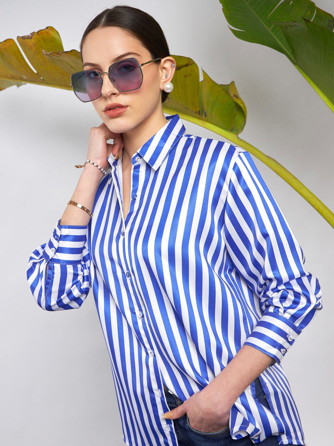 Women's Women Blue & White Satin Striped Shirt in Satin by Sassafras for wholesale, bulk, supplier, manufacturer and wholesaler buyers from Trendphoria