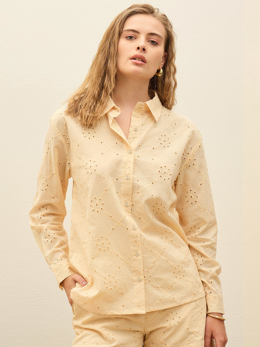 Women's Women Ecru Schiffli Full Sleeve Regular Shirt in Cotton by Sassafras for wholesale, bulk, supplier, manufacturer and wholesaler buyers from Trendphoria