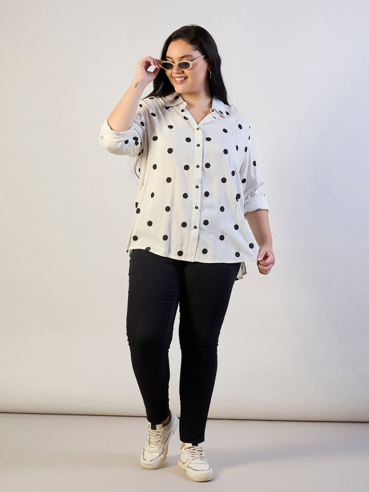 White & Black Polka Dot Regular Shirt-SASSAFRAS CURVE