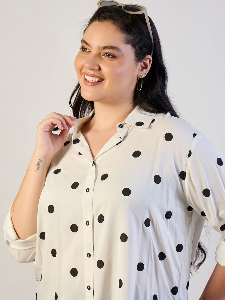 White & Black Polka Dot Regular Shirt-SASSAFRAS CURVE