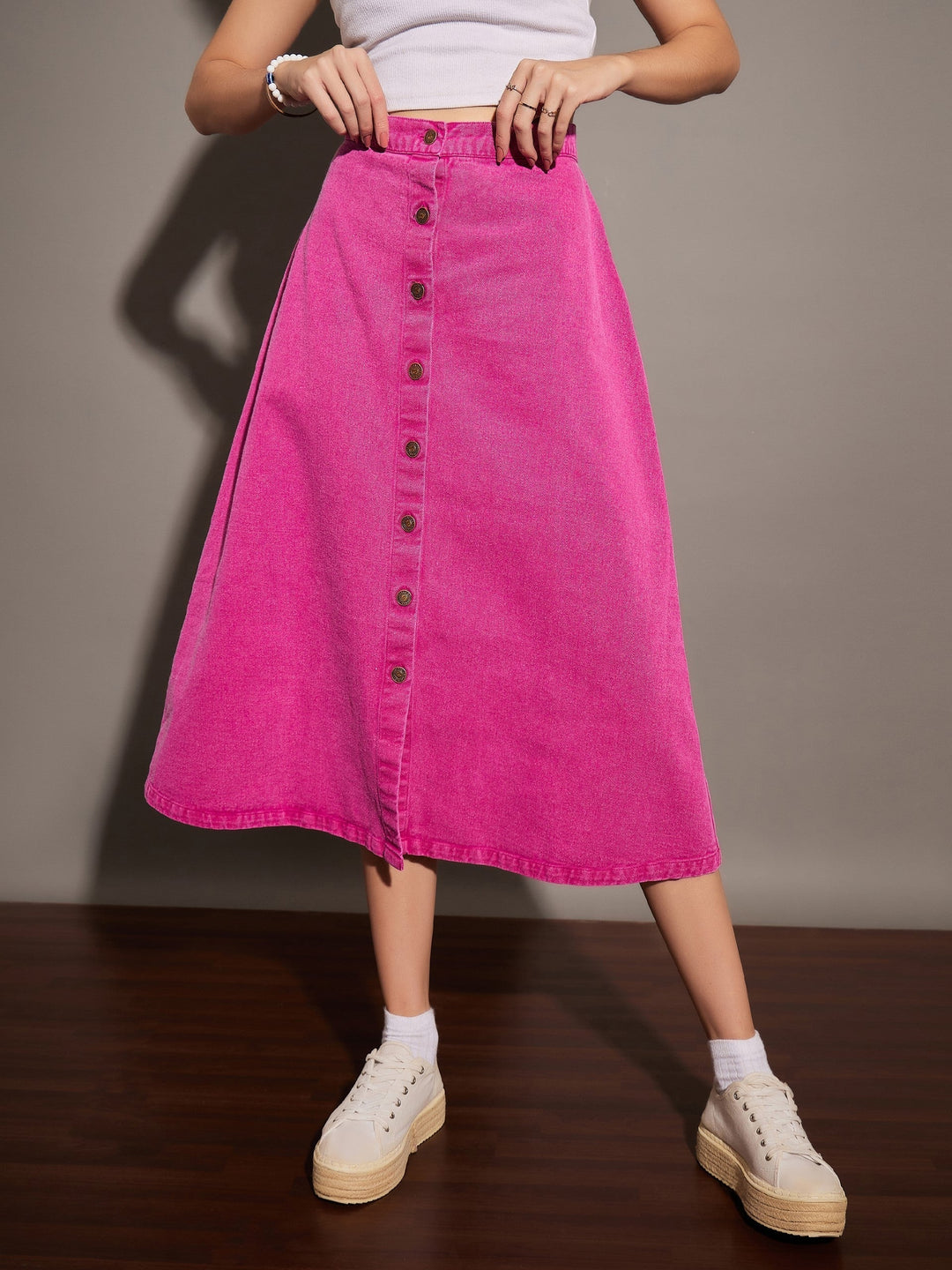 Women's Women Pink Washed Denim A-Line Skirt in Cotton by Sassafras for wholesale, bulk, supplier, manufacturer and wholesaler buyers from Trendphoria