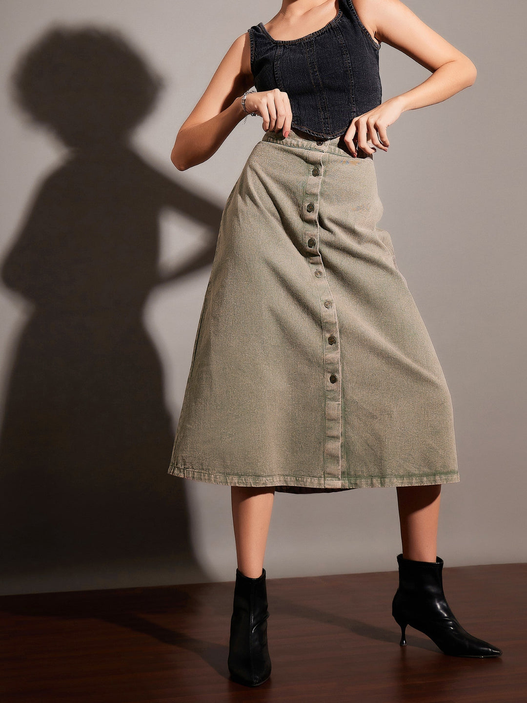 Women's Women Beige Washed Denim A-Line Skirt in Cotton by Sassafras for wholesale, bulk, supplier, manufacturer and wholesaler buyers from Trendphoria