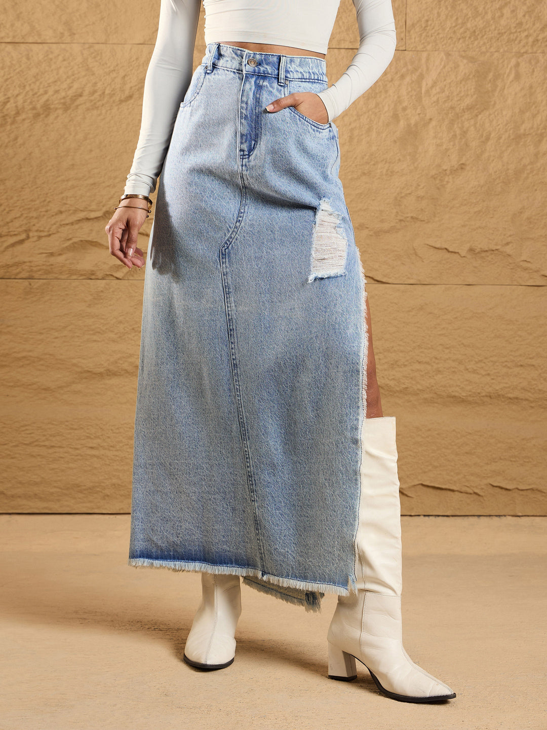 Women's Women Ice Blue Distressed Side Slit Maxi Skirt in Cotton by Sassafras for wholesale, bulk, supplier, manufacturer and wholesaler buyers from Trendphoria