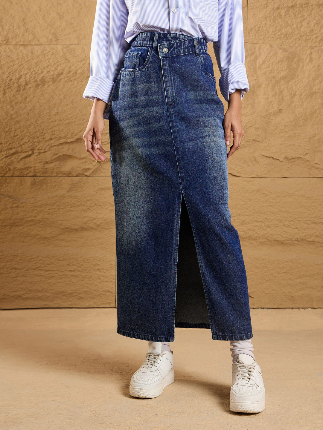 Women's Women Blue Asymmetrical Waist Front Slit Maxi Skirt in Cotton by Sassafras for wholesale, bulk, supplier, manufacturer and wholesaler buyers from Trendphoria