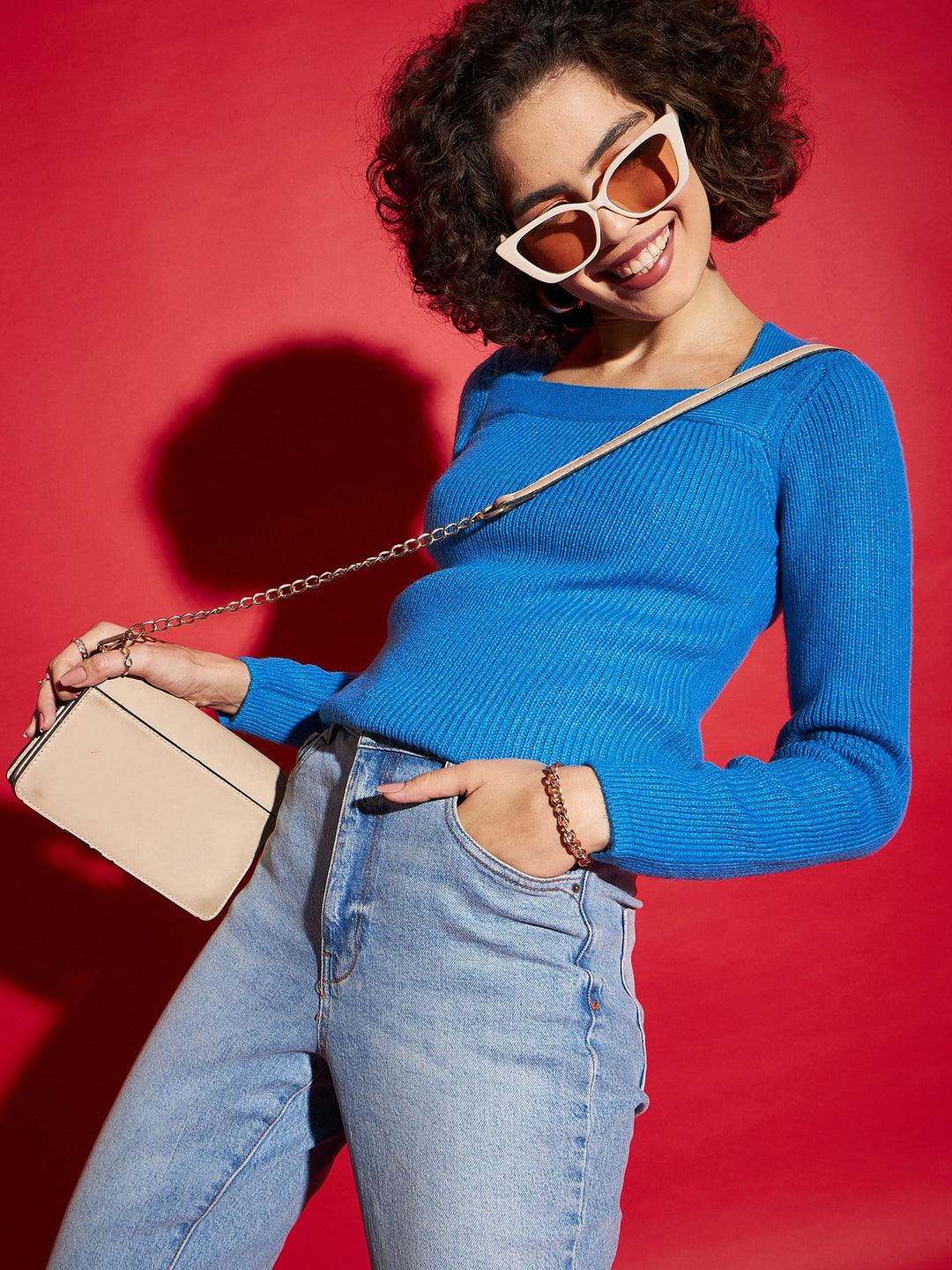 Women's Women Blue Rib Square Neck Full Sleeves Sweater in Acrylic by Sassafras for wholesale, bulk, supplier, manufacturer and wholesaler buyers from Trendphoria