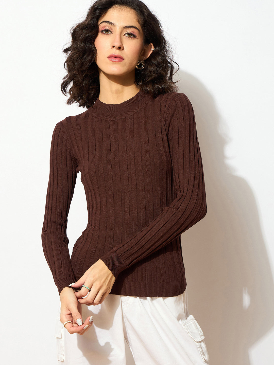 Women Rib Full Sleeves High Neck Sweater