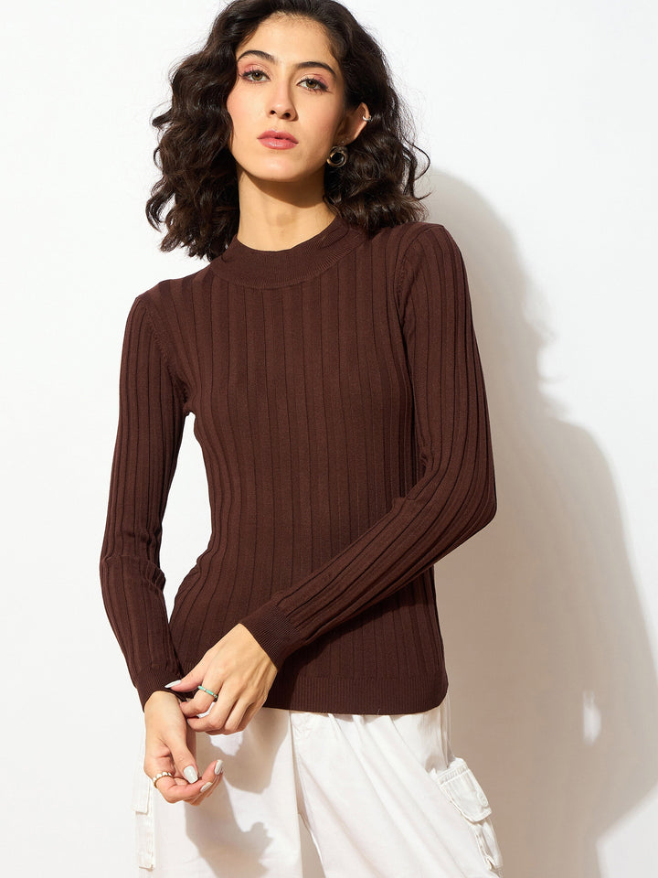 Women Rib Full Sleeves High Neck Sweater
