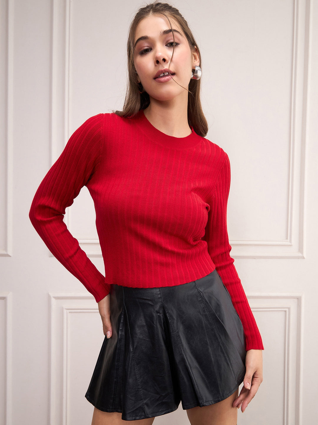 Women's Women Red Rib Full Sleeves High Neck Sweater in Nylon by Sassafras for wholesale, bulk, supplier, manufacturer and wholesaler buyers from Trendphoria