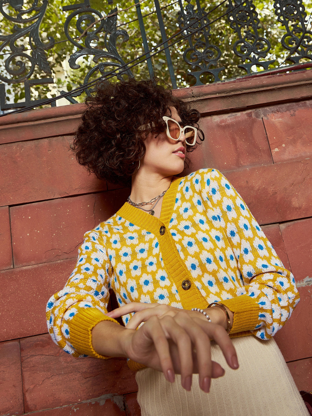 Women's Women Mustard Floral Front Open Wool Cardigan in Wool by Sassafras for wholesale, bulk, supplier, manufacturer and wholesaler buyers from Trendphoria