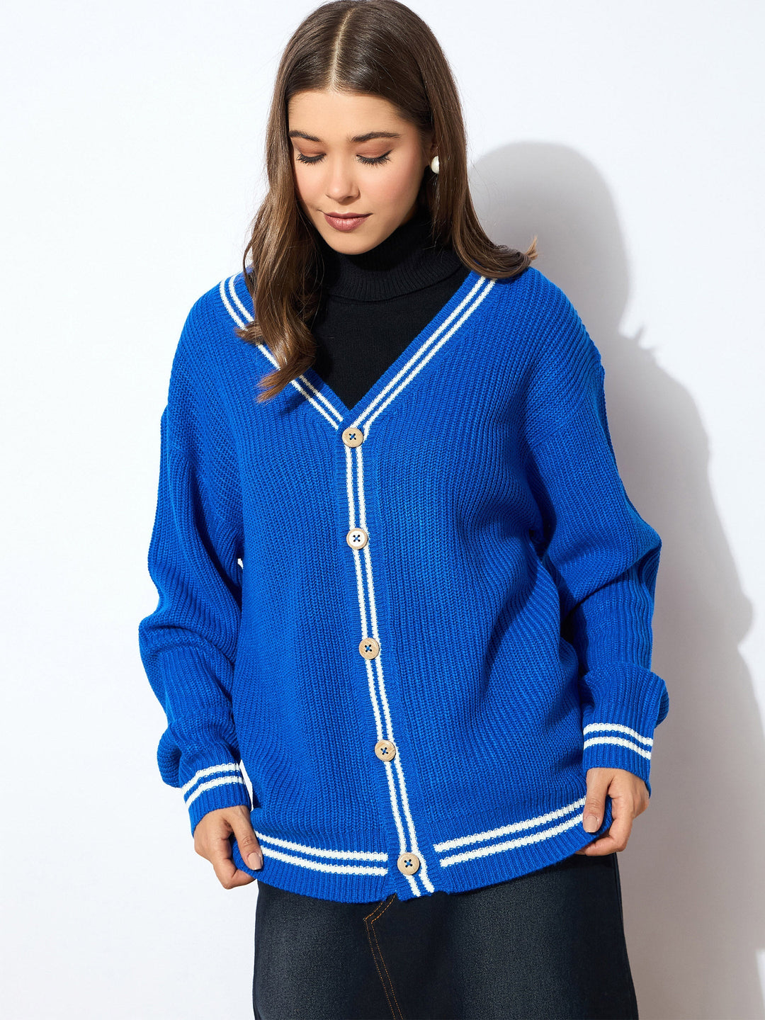 Women's Women Blue Front Button Oversized Cardigan in Acrylic by Sassafras for wholesale, bulk, supplier, manufacturer and wholesaler buyers from Trendphoria