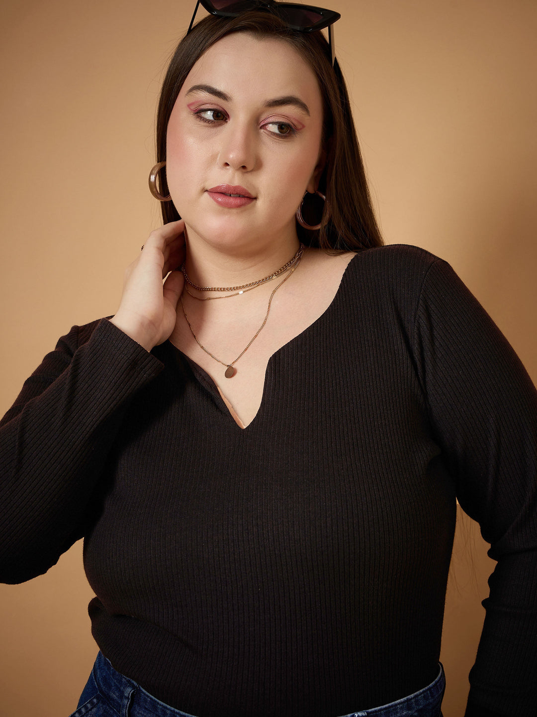 Plus size women's Black Polycotton Black Rib Full Sleeves Top by Sassafras Curve for wholesale buyers, boutiques, resellers and bulk orders from