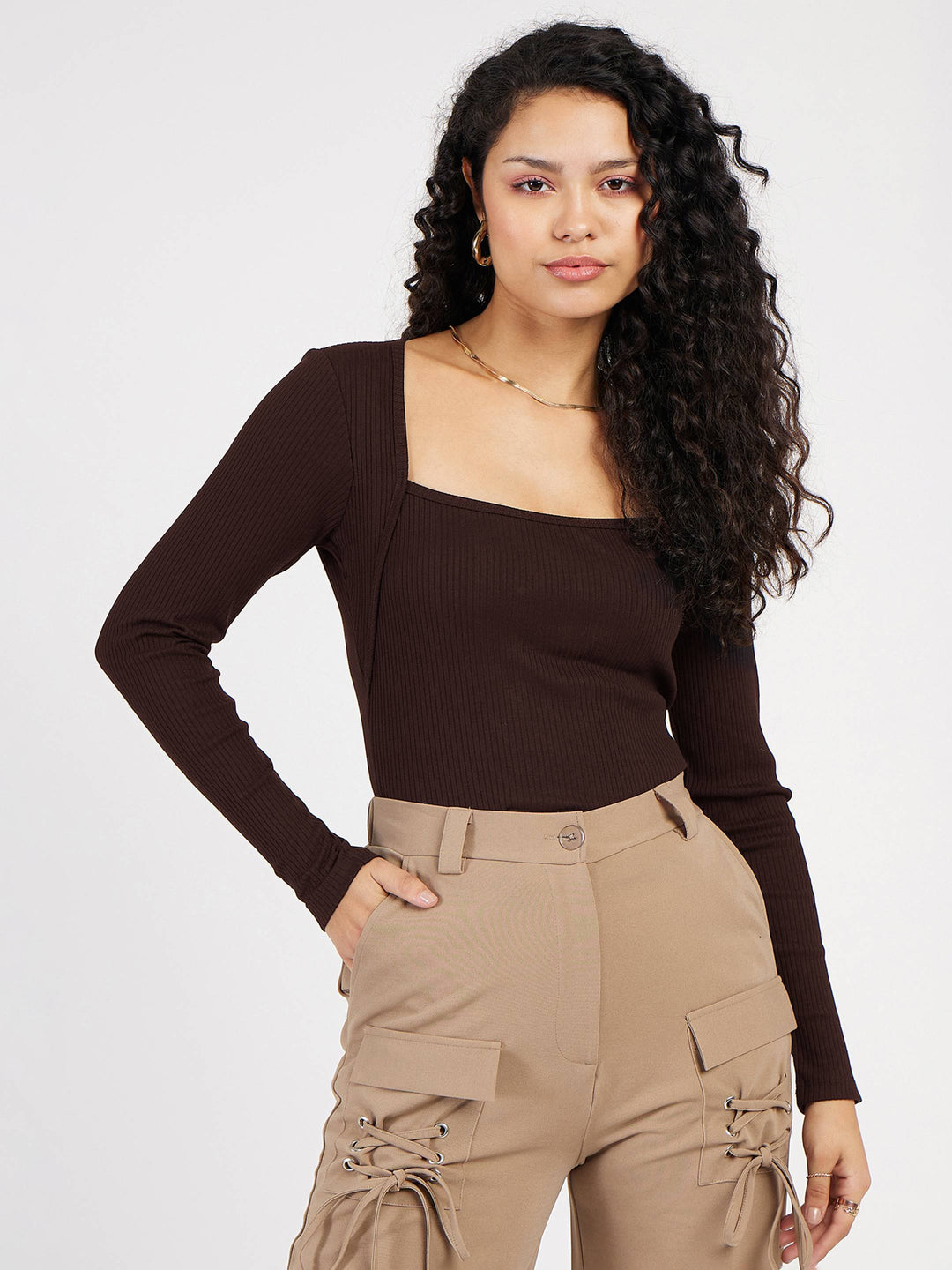 Women's Women Dark Brown Rib Square Neck Full Sleeves Top in Cotton by Sassafras for wholesale, bulk, supplier, manufacturer and wholesaler buyers from Trendphoria