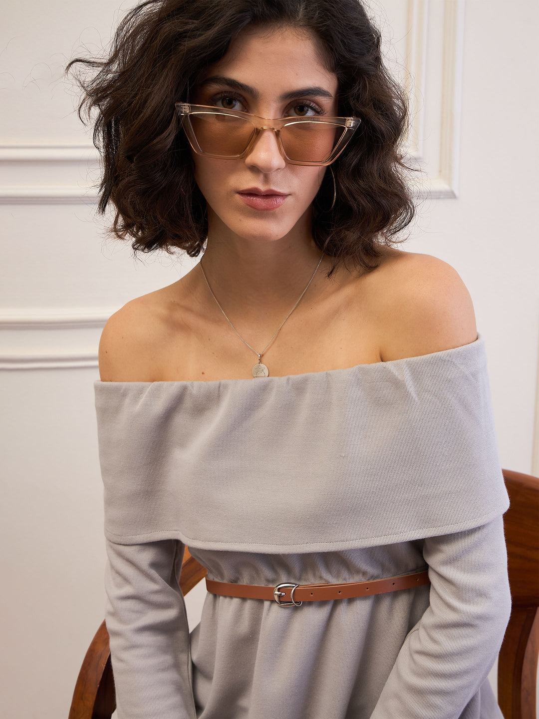 Women's Women Grey Off-Shoulder Belted Peplum Top in Cotton by Sassafras for wholesale, bulk, supplier, manufacturer and wholesaler buyers from Trendphoria