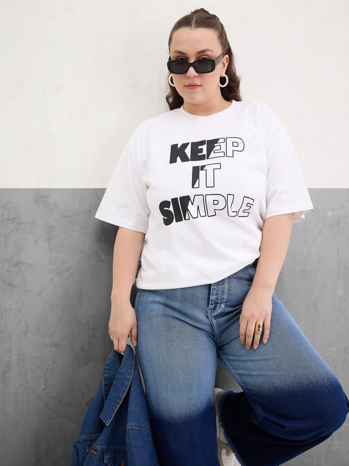 Plus size women's White 100% Cotton White Graphic Keep It Simple Print T-Shirt by Sassafras Curve for wholesale buyers, boutiques, resellers and bulk