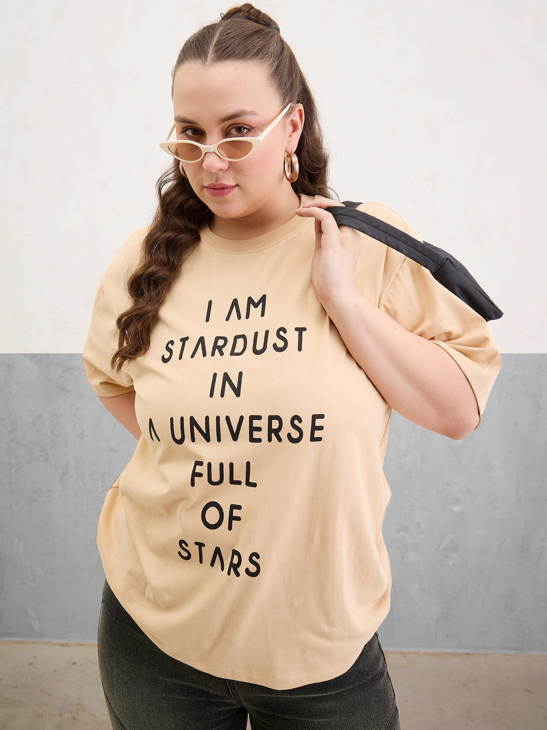 Plus size women's Beige 100% Cotton Beige Graphic I Am Stardust Print T-Shirt by Sassafras Curve for wholesale buyers, boutiques, resellers and bulk