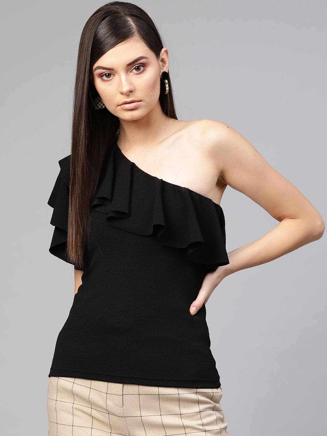 Women's Black One Shoulder Ruffle Top in Polyester by Sassafras for wholesale, bulk, supplier, manufacturer and wholesaler buyers from Trendphoria