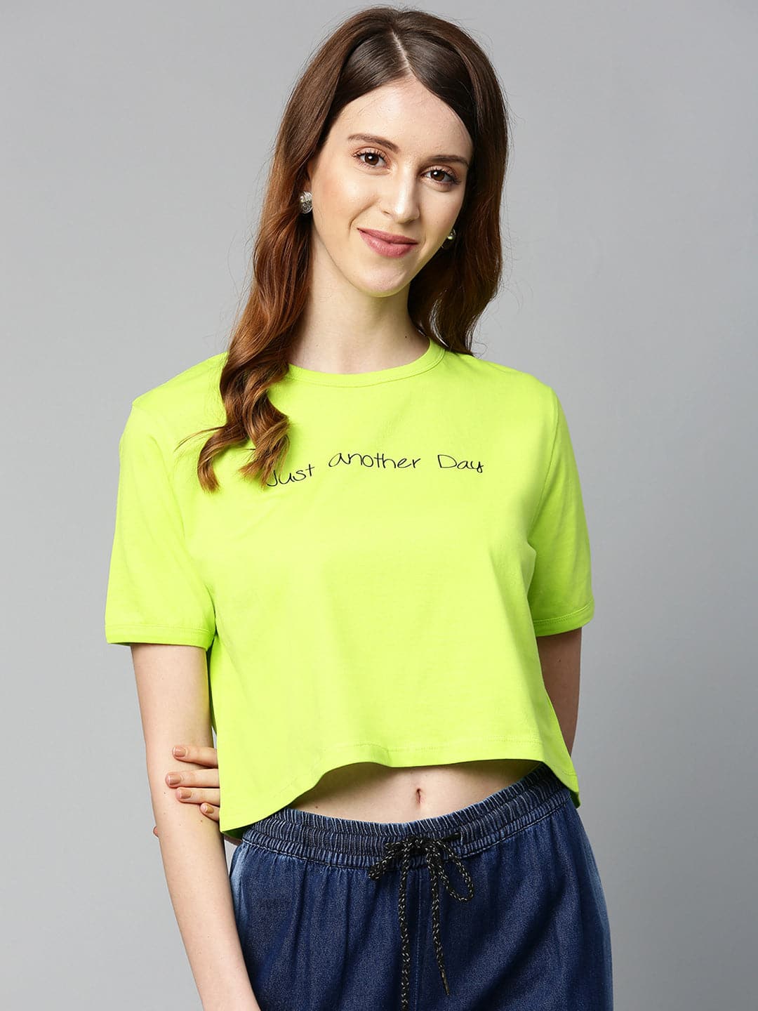 Women's Neon Green Just-Another-Day Crop T-Shirt in Cotton by Sassafras for wholesale, bulk, supplier, manufacturer and wholesaler buyers from Trendphoria