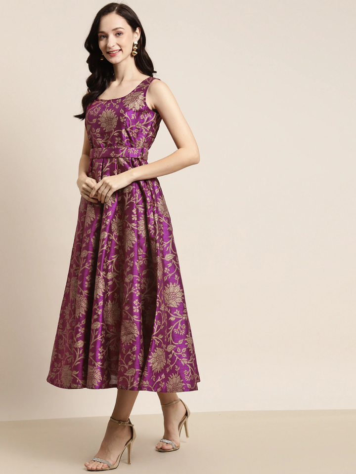 Jacquard Floral Self-Belt Anarkali Maxi