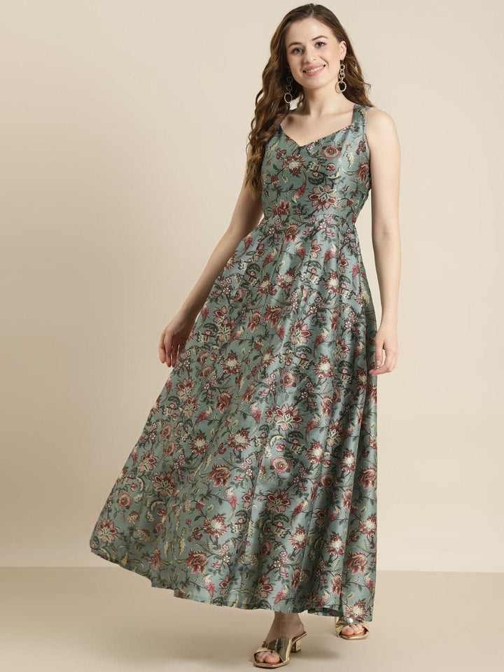 Women's Olive Floral Sweetheart Anarkali Maxi Dress in Cotton by Shae for wholesale, bulk, supplier, manufacturer and wholesaler buyers from Trendphoria