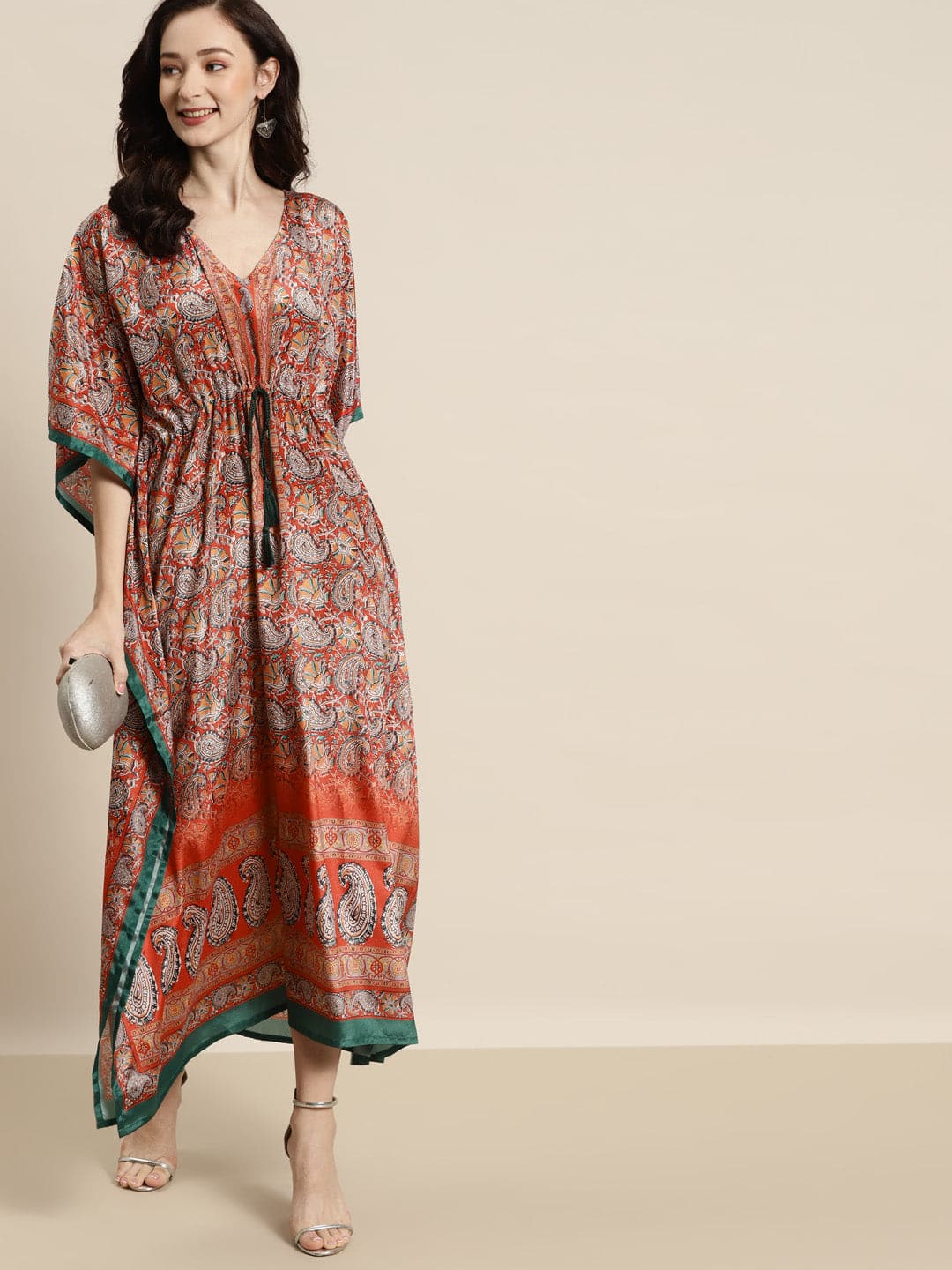 Women's Women Orange & Green Paisely Kaftan Dress in Crepe by Shae for wholesale, bulk, supplier, manufacturer and wholesaler buyers from Trendphoria
