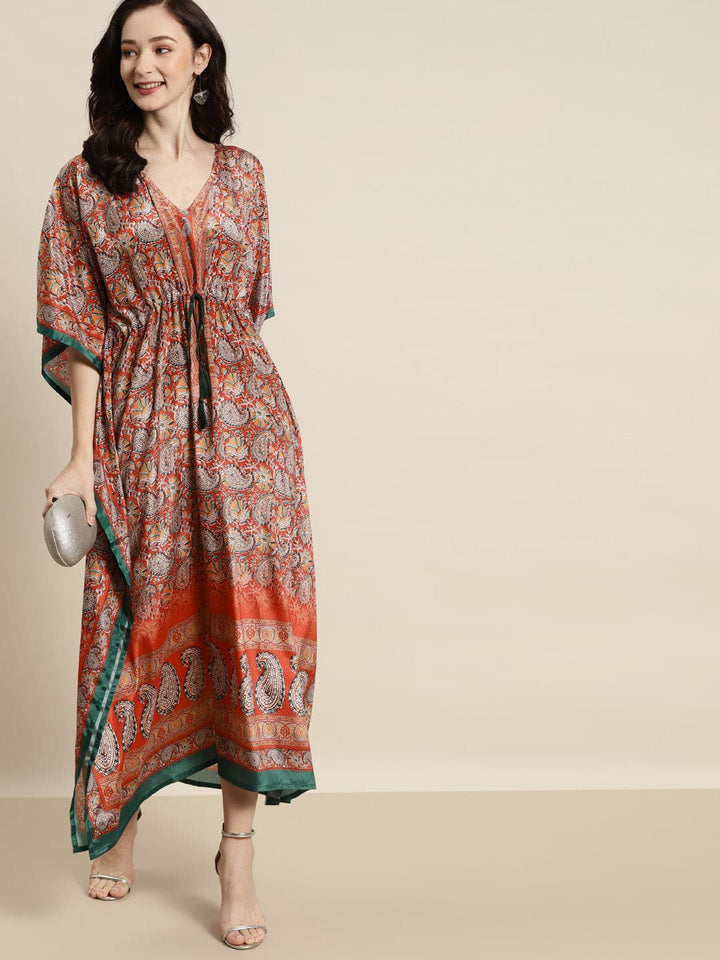 Women's Women Orange & Green Paisely Kaftan Dress in Crepe by Shae for wholesale, bulk, supplier, manufacturer and wholesaler buyers from Trendphoria