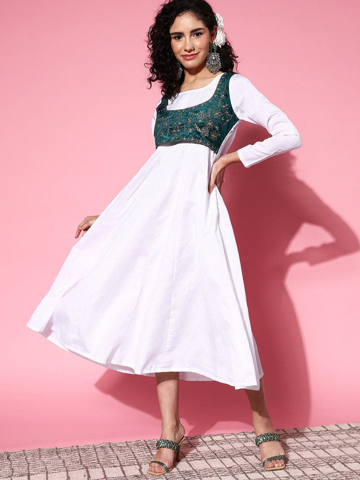 Women's Women White Velvet Embroidered Jacket Anarkali Dress in Cotton by Shae for wholesale, bulk, supplier, manufacturer and wholesaler buyers from Trendphoria