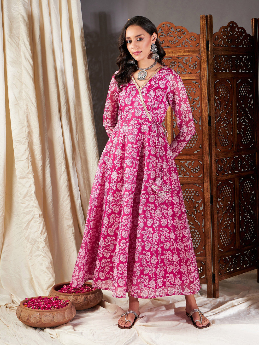 Women's Women Pink Floral Wrap Anarkali Dress in Poly Silk by Shae for wholesale, bulk, supplier, manufacturer and wholesaler buyers from Trendphoria