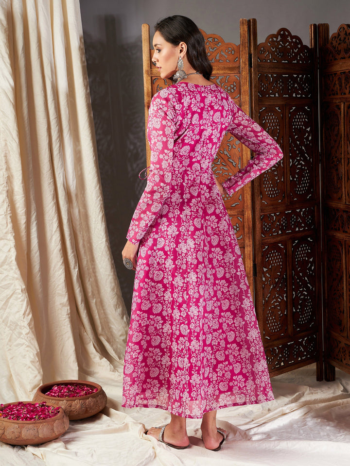 Pink Floral Wrap Anarkali Dress-Shae by SASSAFRAS