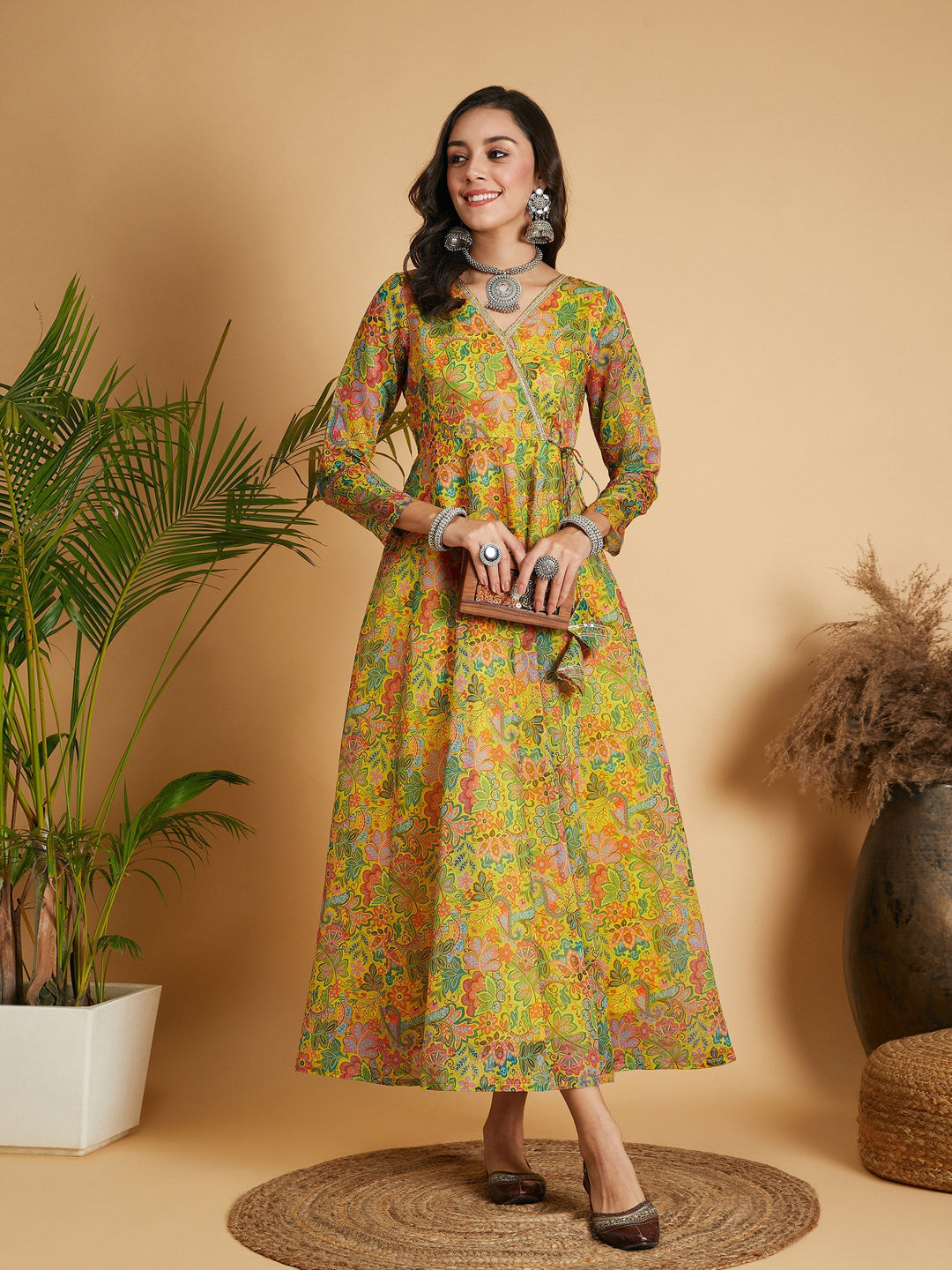 Women's Women Lemon Yellow Floral Anarkali Maxi Dress in Poly Silk by Shae for wholesale, bulk, supplier, manufacturer and wholesaler buyers from Trendphoria