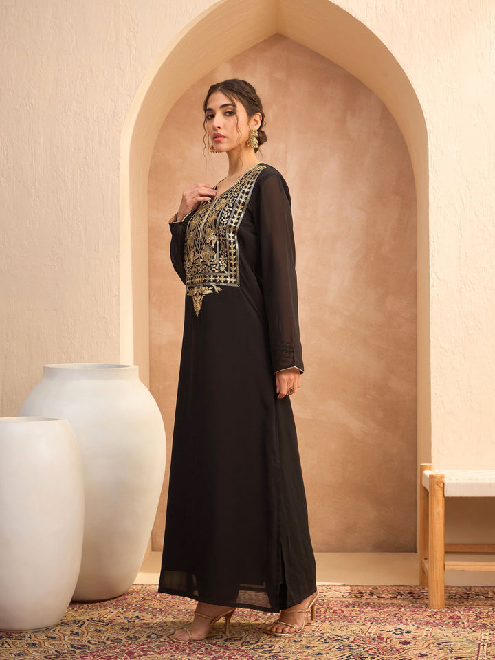Black Embroidered Round Neck Abaya Dress-Shae by SASSAFRAS