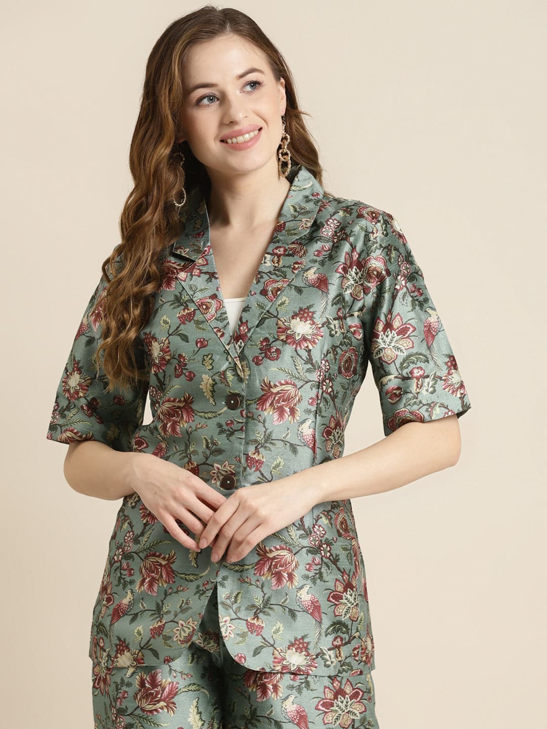 Women's Olive Floral Short Sleeves Blazer in Cotton by Shae for wholesale, bulk, supplier, manufacturer and wholesaler buyers from Trendphoria