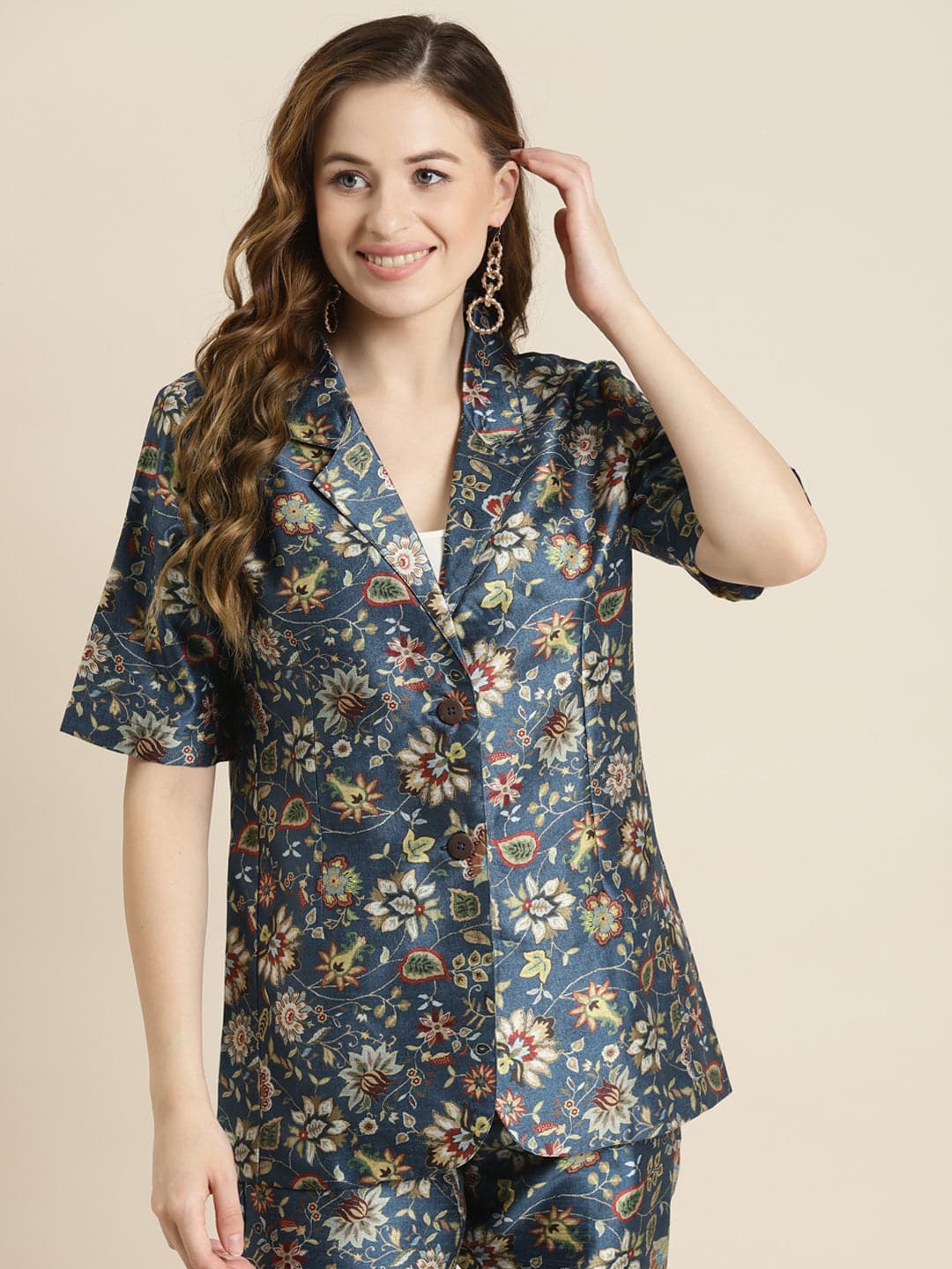 Women's Navy Floral Short Sleeves Blazer in Cotton by Shae for wholesale, bulk, supplier, manufacturer and wholesaler buyers from Trendphoria