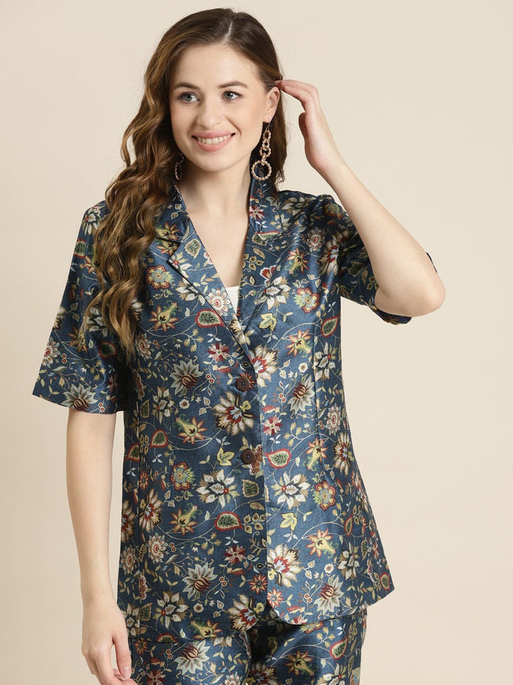Women's Navy Floral Short Sleeves Blazer in Cotton by Shae for wholesale, bulk, supplier, manufacturer and wholesaler buyers from Trendphoria