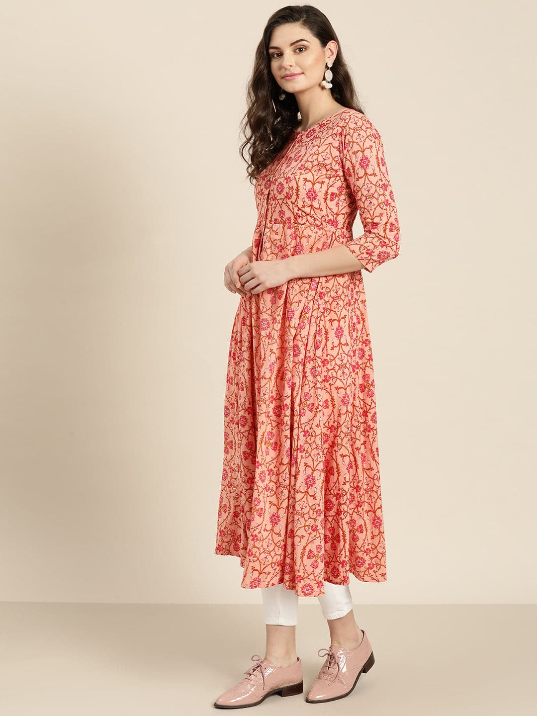 Women's Peach Floral Front Open Anarkali Kurta in Cotton by Shae for wholesale, bulk, supplier, manufacturer and wholesaler buyers from Trendphoria