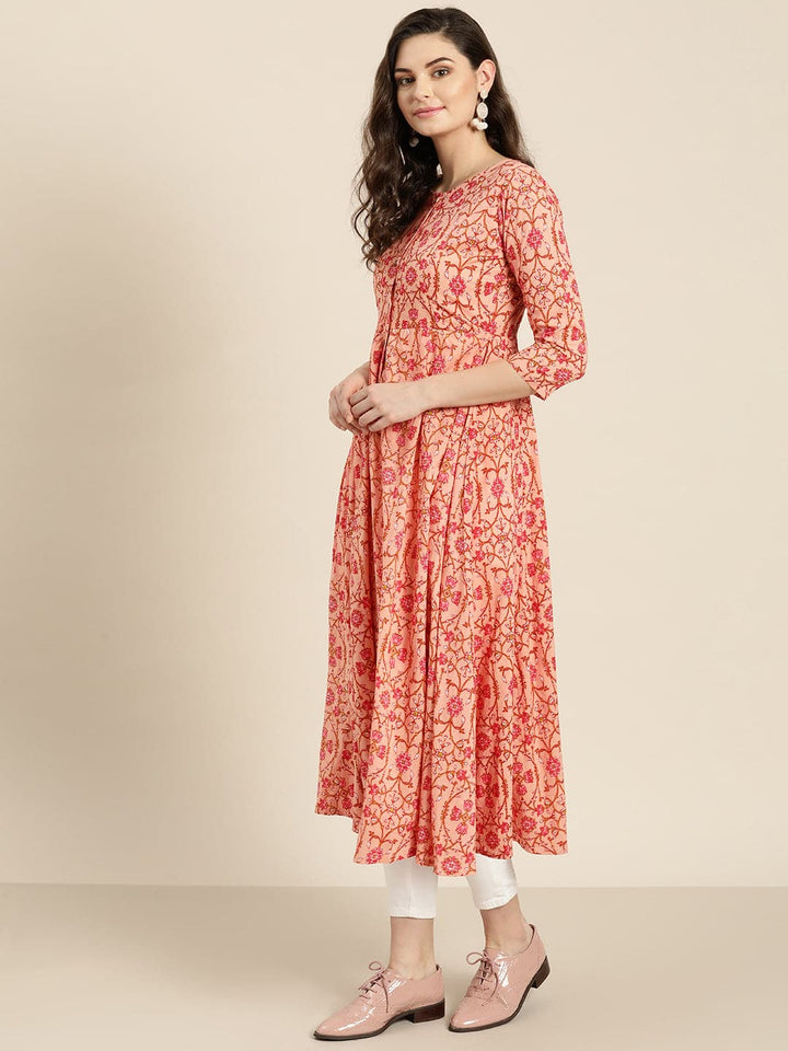 Women's Peach Floral Front Open Anarkali Kurta in Cotton by Shae for wholesale, bulk, supplier, manufacturer and wholesaler buyers from Trendphoria