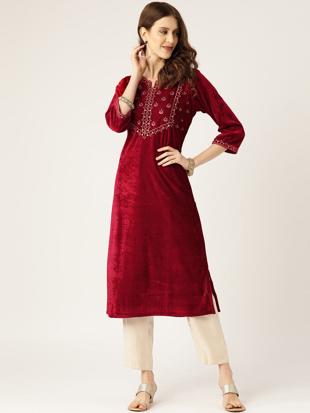 Women's Maroon Zari Embroidery V-Slit Straight Velvet Kurta in Cotton by Shae for wholesale, bulk, supplier, manufacturer and wholesaler buyers from Trendphoria