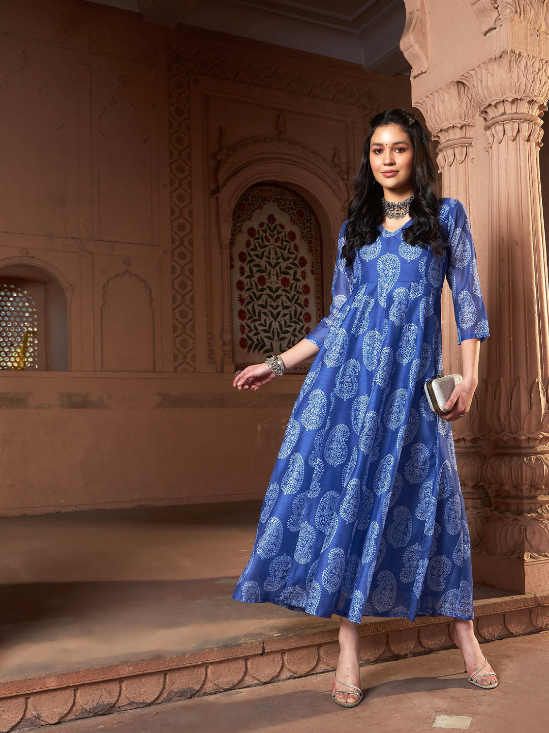 Women's Women Blue Chanderi Paisley Long Anarkali Kurta in Cotton by Shae for wholesale, bulk, supplier, manufacturer and wholesaler buyers from Trendphoria