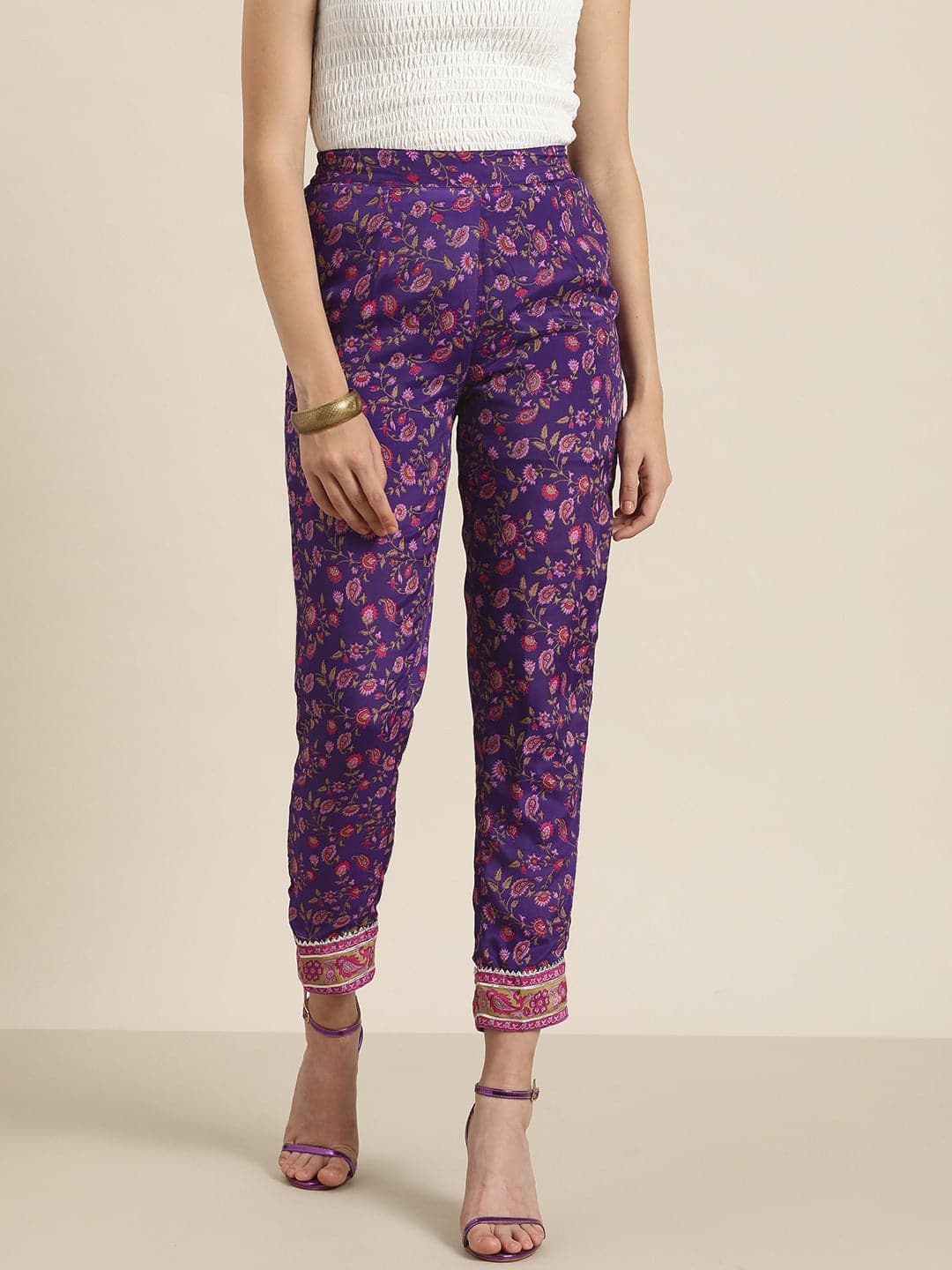 Women's Women Purple Floral Pencil Pants in Cotton by Shae for wholesale, bulk, supplier, manufacturer and wholesaler buyers from Trendphoria