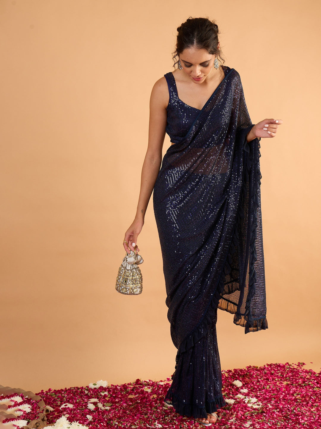 Women's Women Navy Blue Sequins RTW Draped Saree With Unstitched Blouse in Butter Crepe by Shae for wholesale, bulk, supplier, manufacturer and wholesaler buyers from Trendphoria