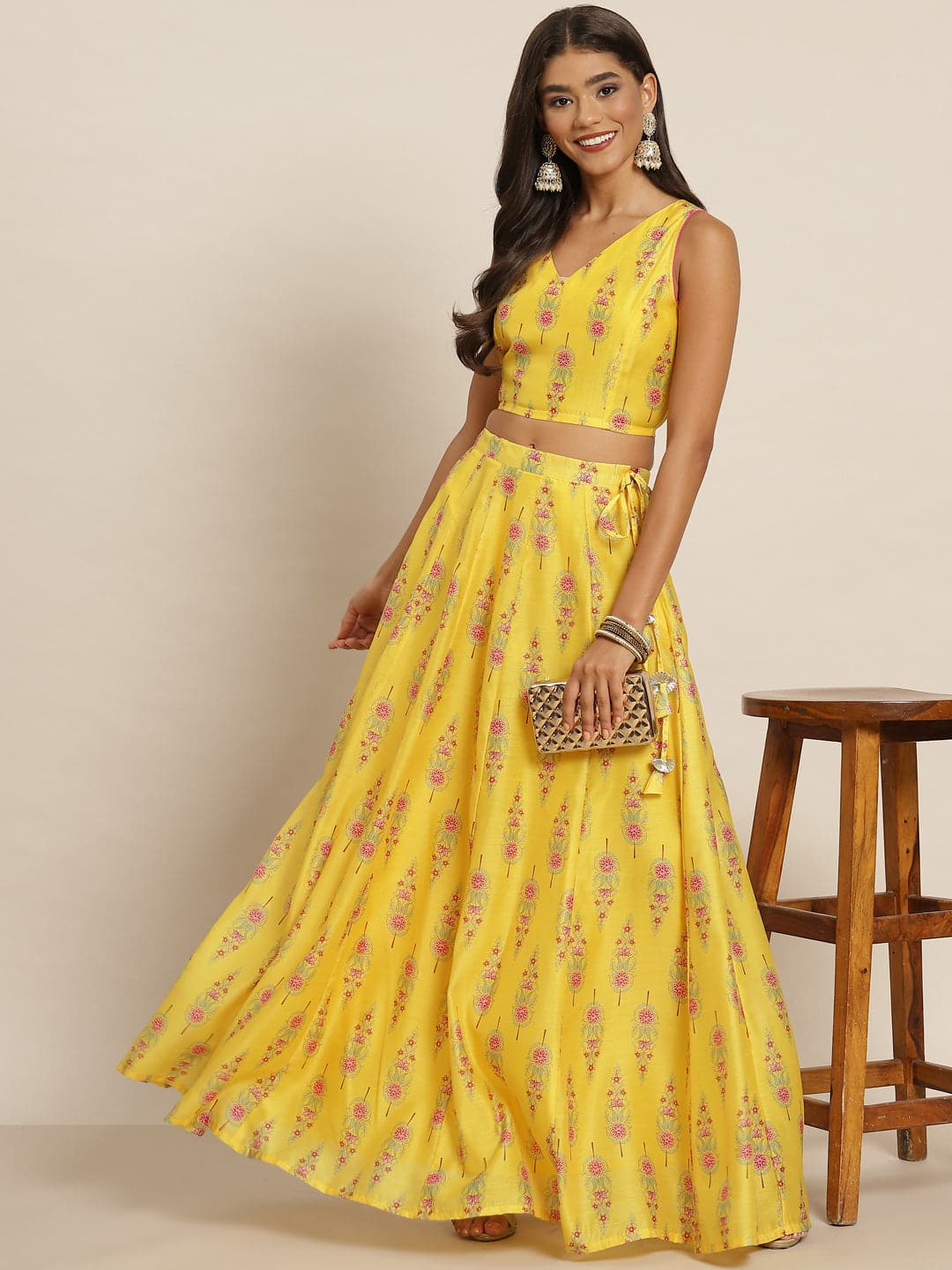 Women's Women Yellow Chanderi Floral Crop Top With Anarkali Skirt in Cotton by Shae for wholesale, bulk, supplier, manufacturer and wholesaler buyers from Trendphoria