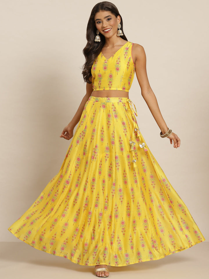 chanderi Floral Crop Top With Anarkali Skirt