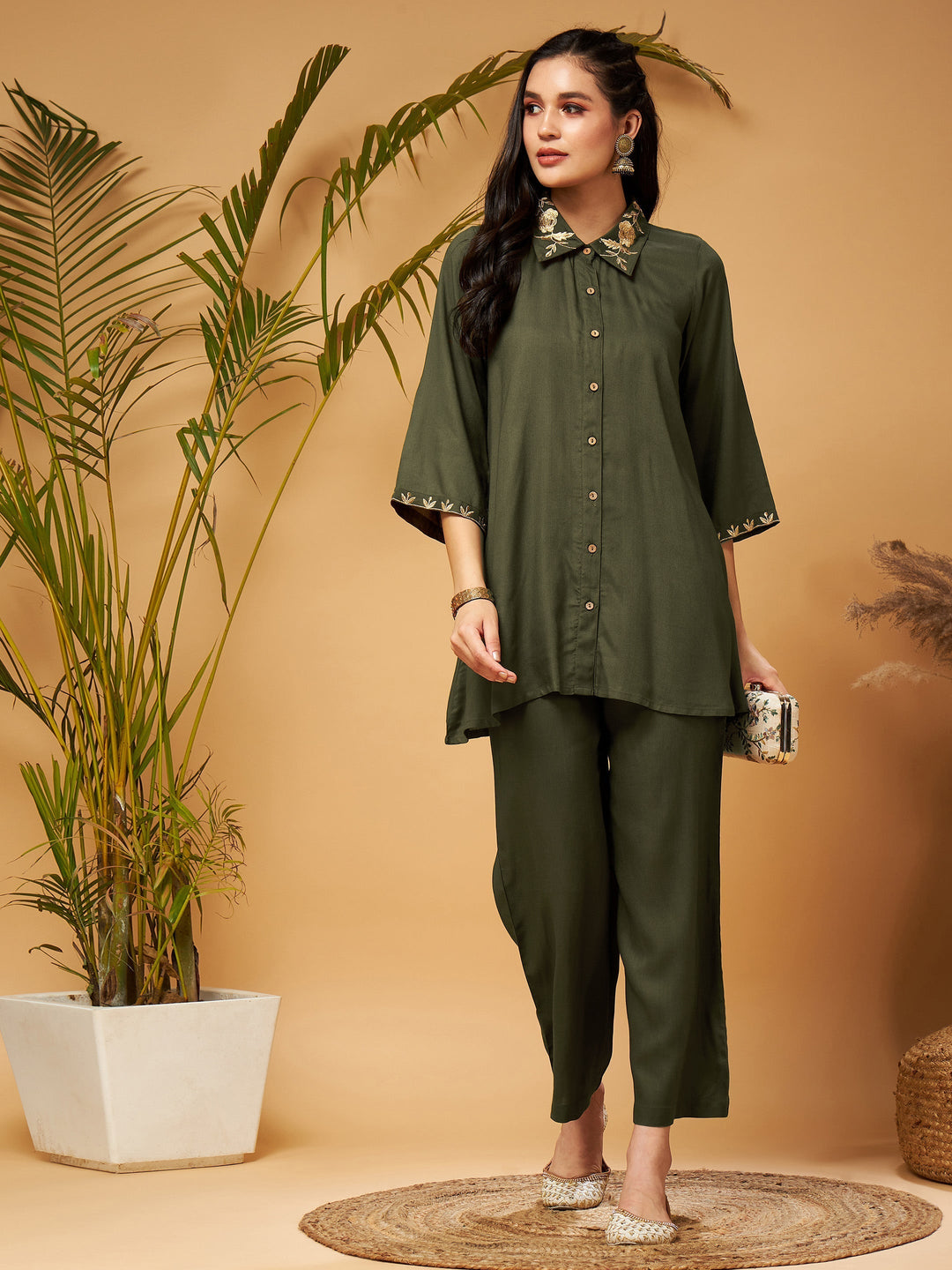 Women's Women Olive Zari Embroidered Shirt Collar Top With Palazzos in Rayon by Shae for wholesale, bulk, supplier, manufacturer and wholesaler buyers from Trendphoria