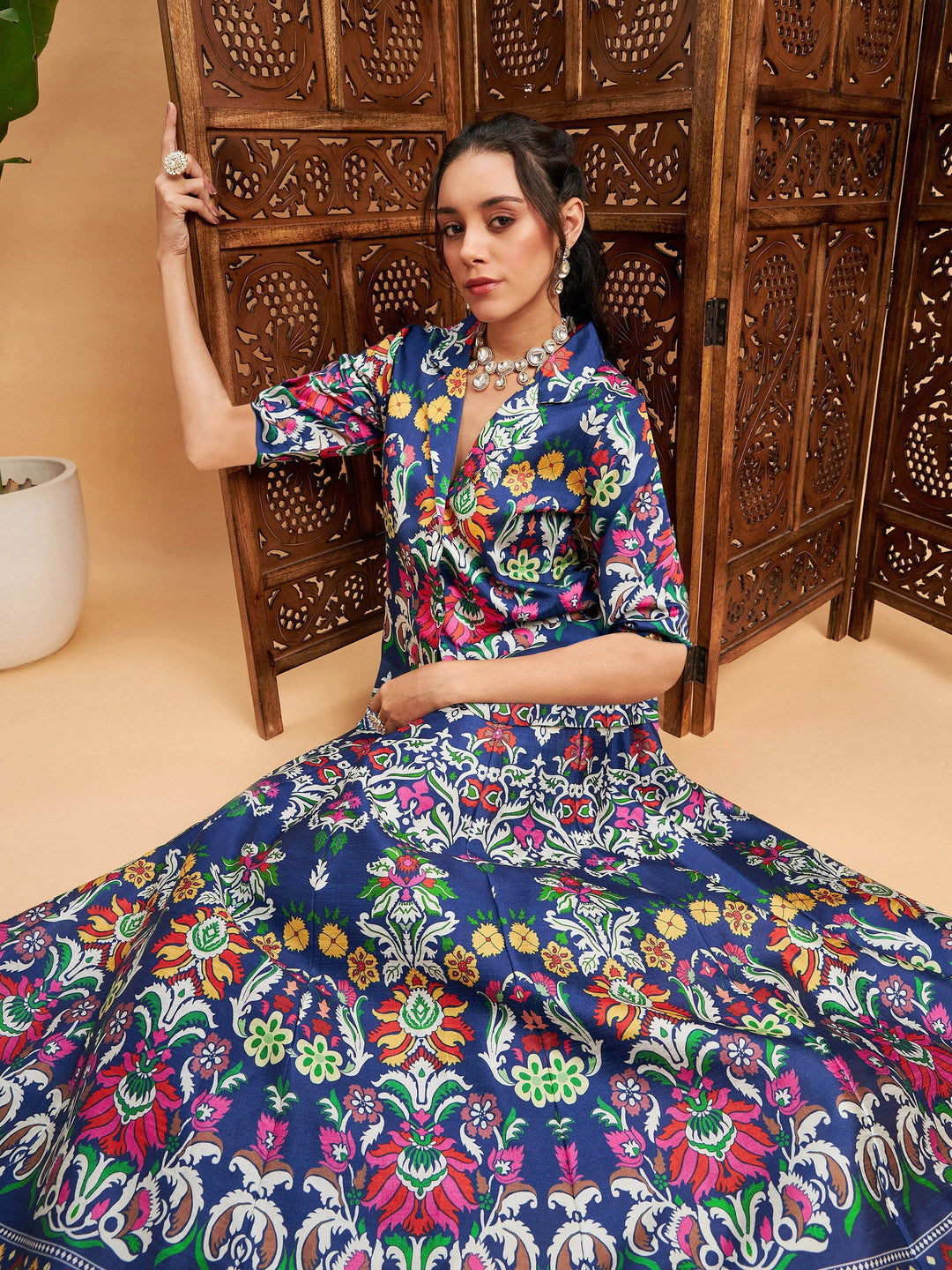 Women's Women Navy Floral Anarkali Skirt With Blazer in Poly Silk by Shae for wholesale, bulk, supplier, manufacturer and wholesaler buyers from Trendphoria
