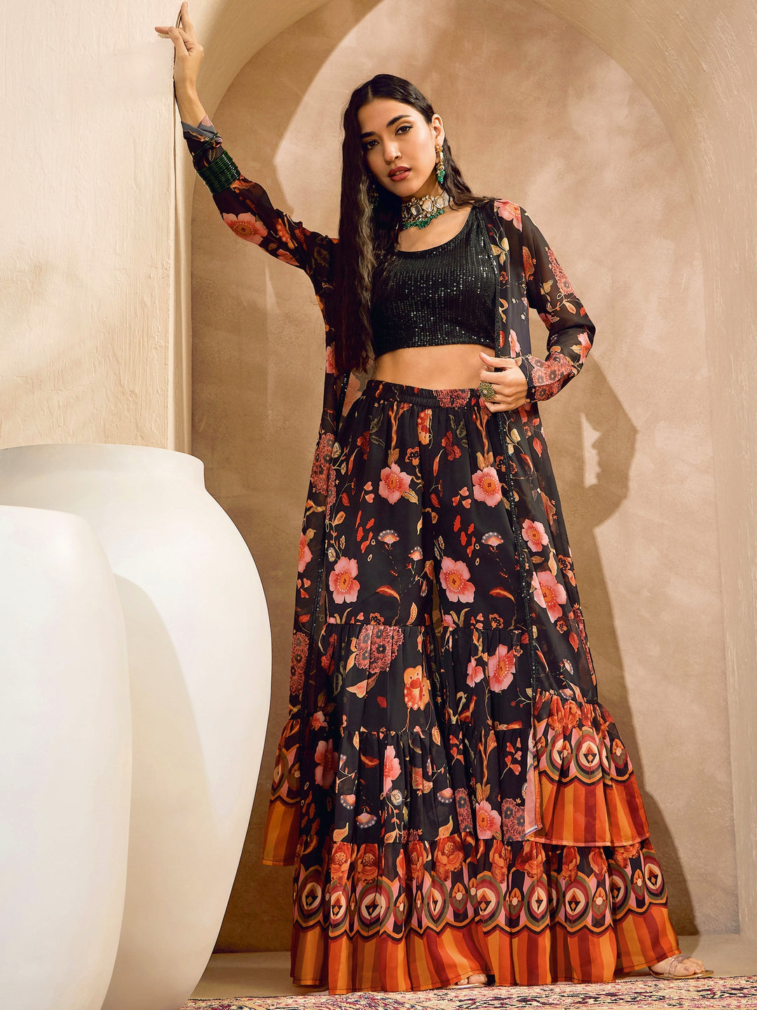 Women's Women Black Sequins Crop Top With Floral Sharara And Shrug in Georgette by Shae for wholesale, bulk, supplier, manufacturer and wholesaler buyers from Trendphoria