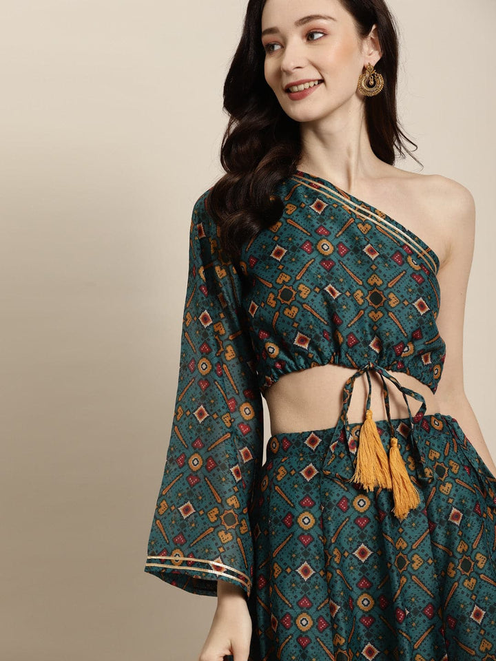 Women's Women Teal Patola One Shoulder Crop Top in Cotton by Shae for wholesale, bulk, supplier, manufacturer and wholesaler buyers from Trendphoria