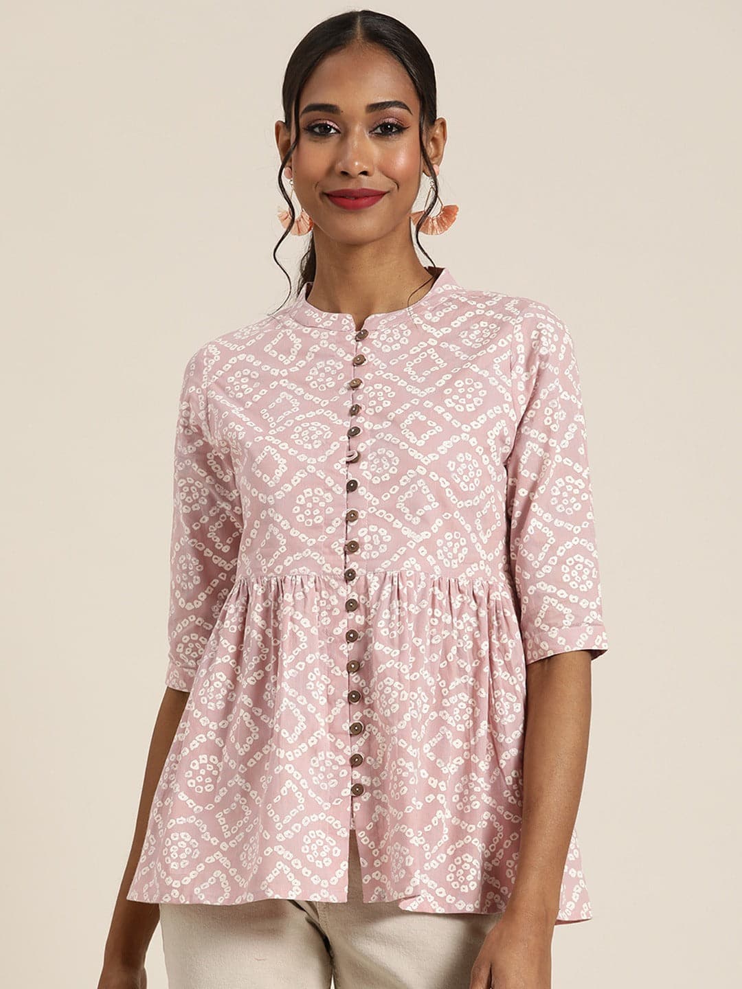 Women's Women Mauve Bandha Front Button Gathered Top in Cotton by Shae for wholesale, bulk, supplier, manufacturer and wholesaler buyers from Trendphoria