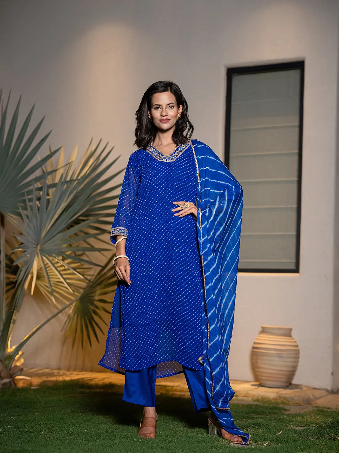 Women's Blue Poly Georgette Blue Georgette Lahiya Kurta Dupatta Set by Yufta, suitable for wholesale buyers, boutiques, retailers, resellers and bulk fashion orders from Trendphoria