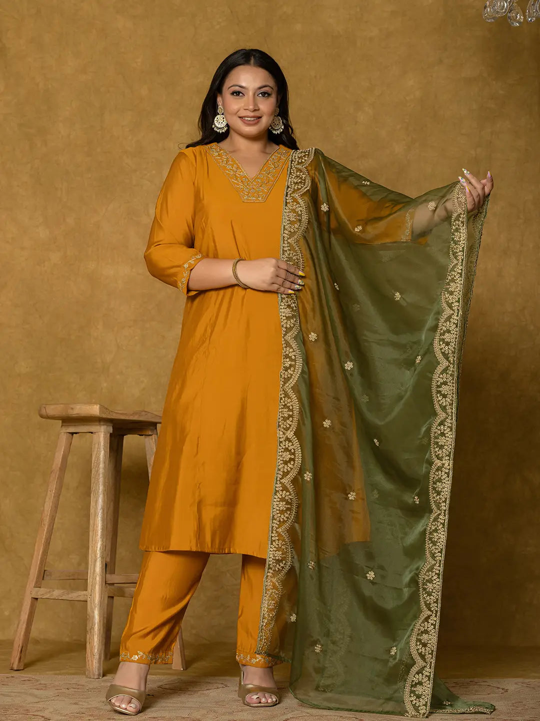 Women's Mustard Silk Blend Mustard Silk Embroidered Plus Size Kurta Dupatta Set by Yufta, suitable for wholesale buyers, boutiques, retailers, resellers and bulk fashion orders from Trendphoria
