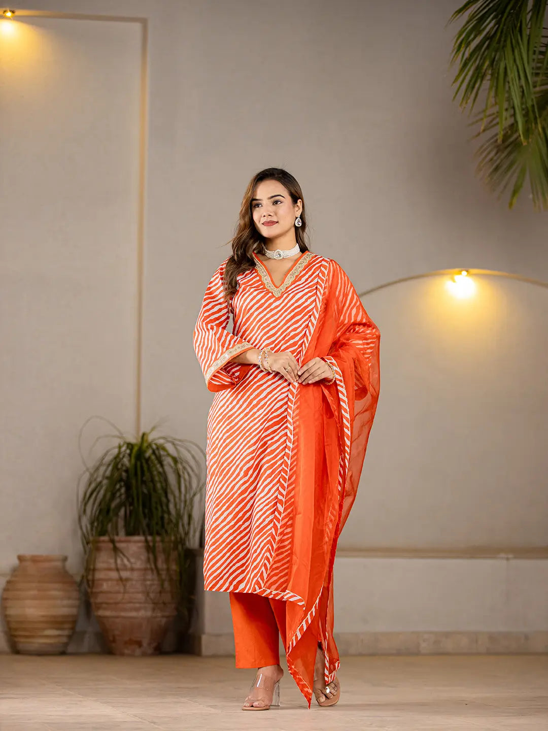 Women's Orange Cotton Orange Leheriya Print Cotton Straight Suit Set by Yufta, suitable for wholesale buyers, boutiques, retailers, resellers and bulk fashion orders from Trendphoria